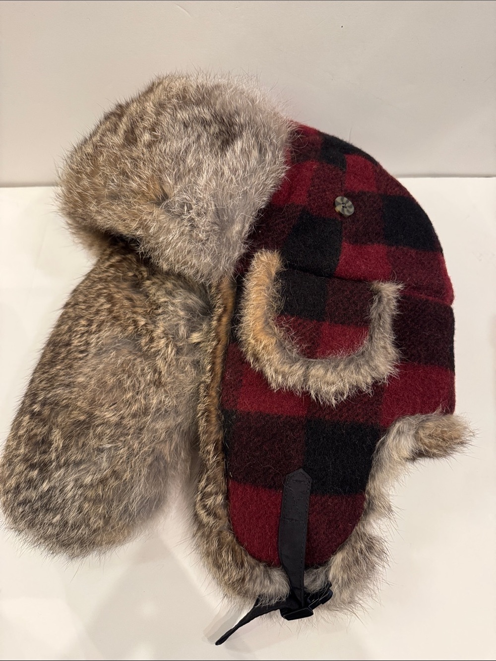 Mad Bomber wool Plaid Trapper Hat with  real rabbit Fur Trim - Red/Black